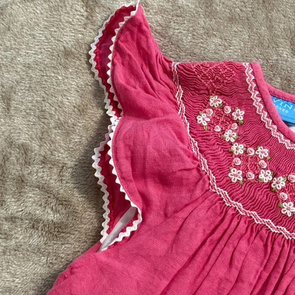 Anavini Girls Pink Hand Smocked Linen Dress Floral Flutter Sleeve Size 5